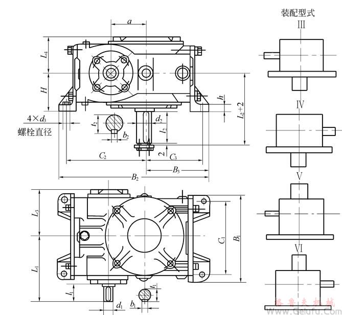 KWS32、KWS40、KWS50、KWS63、KWS80、KWS100、型锥面包络圆柱蜗杆减速机的外形安装尺寸和装配型式Ⅲ&mdash;ⅥJB/T 5559－91